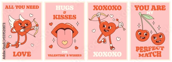 Obraz Groovy lovely hearts retro posters set. Love concept. Happy Valentines Day.  Trendy retro 60s 70s cartoon style. Card, postcard, print.