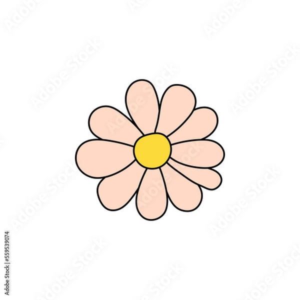Fototapeta Retro Groovy Flower Element, Daisy flat icon in doodle style. Cute Hand Drawn Hippy Flower inspirited by 70s years. Vintage vector illustration isolated on white background. Floral for poster, print.