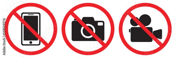Obraz Prohibited symbol sign set , no photography, no video, do not use the phone, prohibit icon logo collection. Vector illustration image. Isolated on white background.