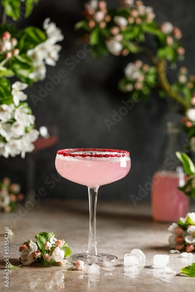 Obraz Spring and summer refreshing pink cocktail with apple blossom on light background. Pink summer cocktail