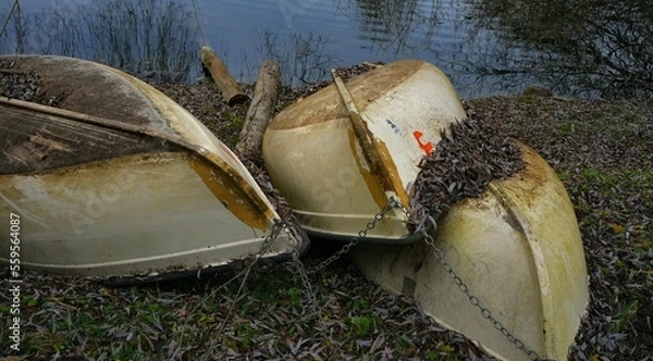 Fototapeta drei ruderboote an land am hilmteich mit laub bedeckt, winterschutz, winterpause, querformat