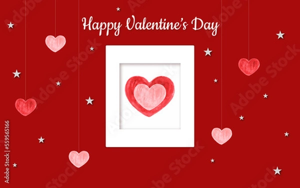 Obraz Happy Valentine's Day greeting cards with watercolor elements. Trendy abstract art templates with hearts and stars on a red background. Suitable for social media posts, prints, banners and more.