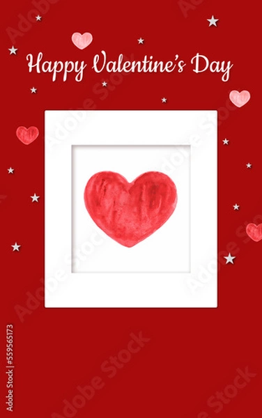 Obraz Happy Valentine's Day greeting cards with watercolor elements. Trendy abstract art templates with hearts and stars on a red background. Suitable for social media posts, prints, banners and more.