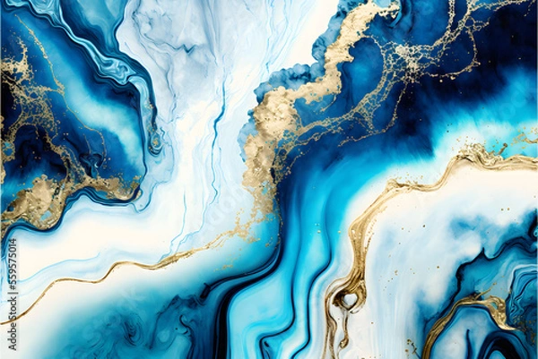Fototapeta blue and gold metallic marble, watercolor background, abstract design, blue white gold metallic marble,  illustration digital generative ai design art style