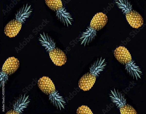 Fototapeta Pineapple on the black background. Pattern. Flat lay.