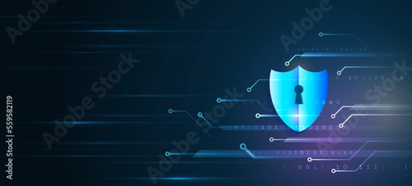 Fototapeta Abstract high tech background. Data security system, information, or network protection. Cyber security and data protection. Shield icon, future technology for verification.