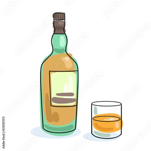 Fototapeta Whiskey bottle and glass. Picture in line style. Black contour with colored spots. Isolated on white background. Vector flat illustration.