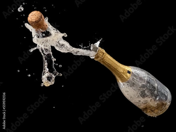 Obraz Champagne bottle pops out and splash on black background