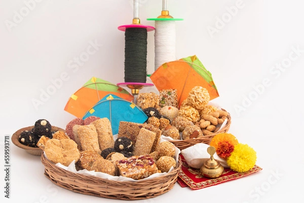 Obraz Indian Winter Delicacy viz. Tilgul, Til Mithai, Gajak, Chikki, Tilkut, Patang, Firki And Peanuts. Harvest Festival Makar Sankranti, Lohri, Uttarayan, Maghi, Poush Sankranthi Or Magh Bihu Theme