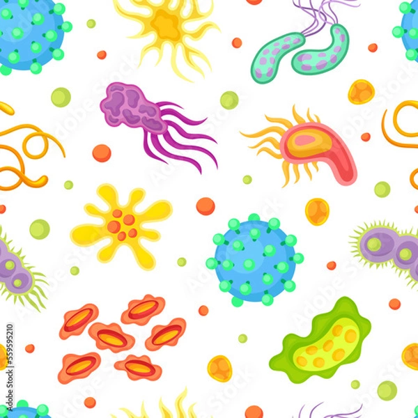 Fototapeta Viruses seamless pattern. Microscopic pathogens, cell illness and microorganisms repeating print for wallpaper, wrapping paper, textile, package design cartoon vector