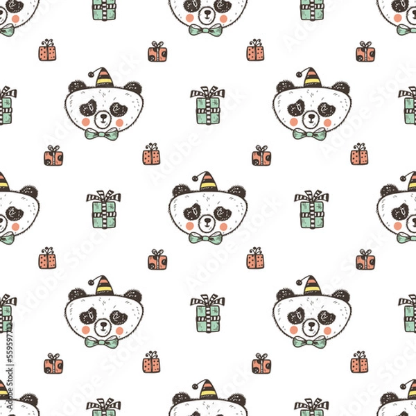 Fototapeta Birthday Vector Seamless pattern with Cute Baby Panda. Endless wallpaper with Pandas, gifts. Hand Drawn Doodle Funny Black and White Bear. Background for kids