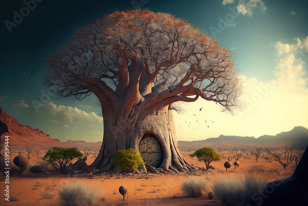 Fototapeta Landscape with baobab tree. Generative AI.