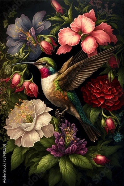 Fototapeta Bird on a flowers. Incredible cover art. Generated AI image