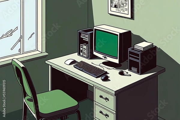 Fototapeta Interior of a room, showing a desk, chair, and computer. Generative AI