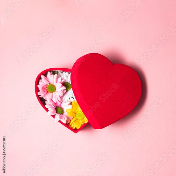 Fototapeta Flowers in heart shaped box on pastel light pink background. Modern Valentine's Day concept. Creative love idea. Minimalistic Mother's Day composition.