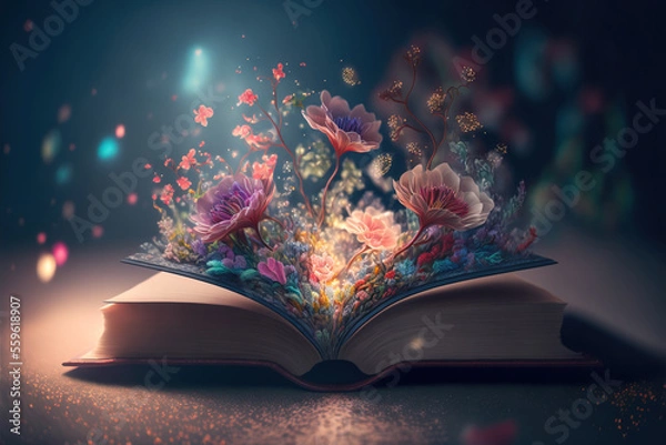 Obraz An open book with flowers coming out of it, Generative AI