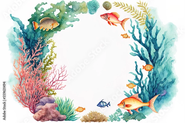 Fototapeta Corner frame with watercolor image of tropical fish, coral, sponges, and algae for use in designing and embellishing banners, informational postcards, posters, and beach accessories souvenirs