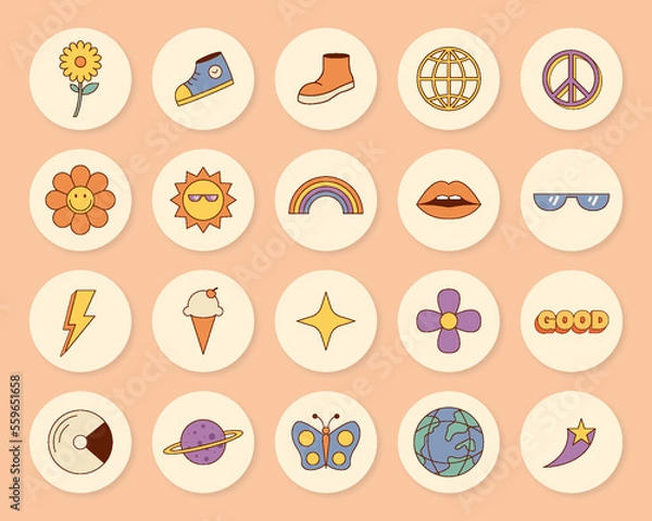 Fototapeta set of groovy hippie psychedelic instagram story highlight cover