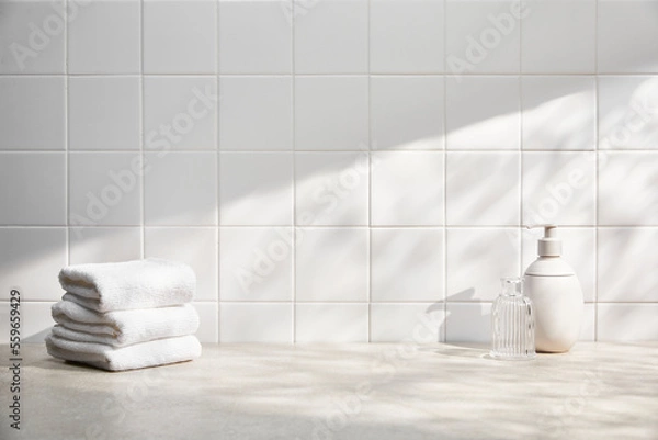 Fototapeta front view of bathroom with white tile wall, various bath objects, and sunlight. copy space.