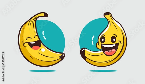 Fototapeta Funny happy cute happy smiling banana. Vector flat cartoon kawaii character illustration icon. Isolated on white background. Fruit banana mascot concept