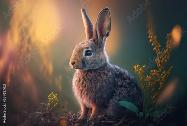 Fototapeta illustration of cute rabbit with blur nature background with sunlight