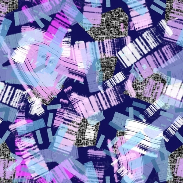 Fototapeta Seamless pattern of abstract elements in blue and purple shades on a dark background for textile.