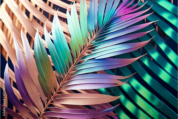 Obraz Cyberpunk minimal futuristic background with neon palm leaf. Cyber purple lights, tropical palm leaves. 3D Illustration. Generative AI.