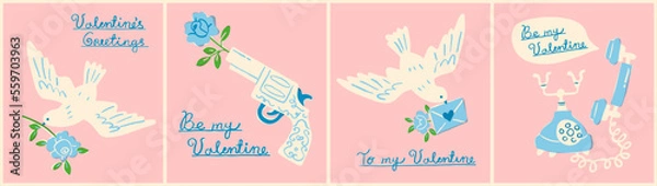 Obraz Valentine's Day hand drawn elements such as doves with flowers, a gun and a telephone. Romantic banner, post card or poster design. Hand drawn elements in trendy retro style.