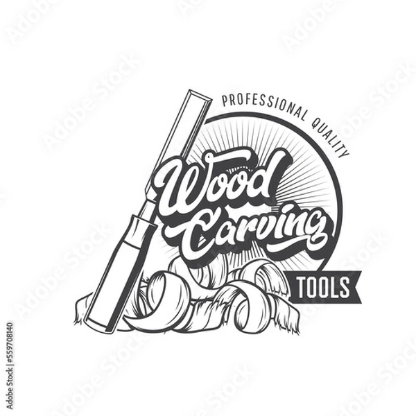 Fototapeta Wood carving tools icon. Woodworking industry, carpentry and construction hand equipment store vector emblem, monochrome label or symbol. Wood carving craftsman workshop sign with chisel and chips