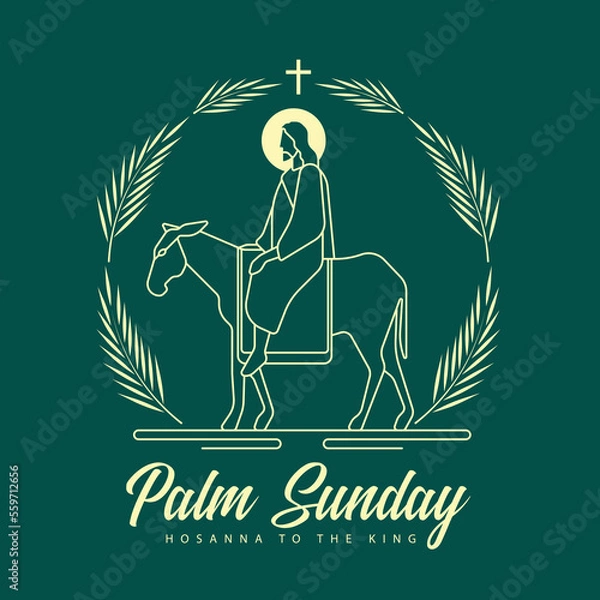 Obraz Palm sunday - yellow modern line jesus riding donkey entering jerusalem with palm leaves circle around and cross crucifix sign on dark green background vector design