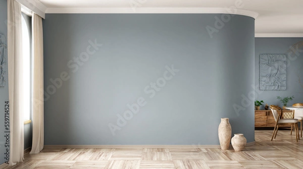 Fototapeta Modern interior design of apartment, empty living room with blank blue wall, dining room with table and chairs,  interior background, 3d rendering