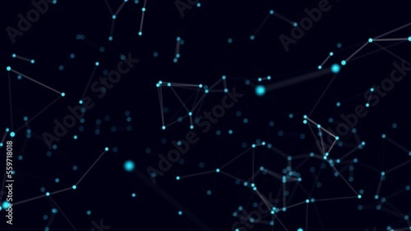 Fototapeta Motion design turquoise particle coupling. Motion graphics blue dust connected by 4k turquoise plexus links. Blue spider web on a black background blur