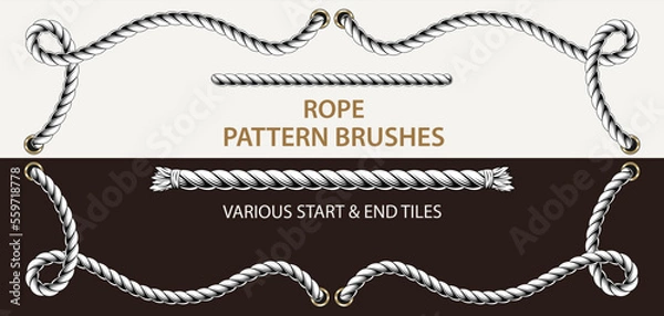 Fototapeta Set of 2 vector rope pattern brushes. 2 different styles of ends. Thin rope. Monochorome illustration. Vintage detailed style.