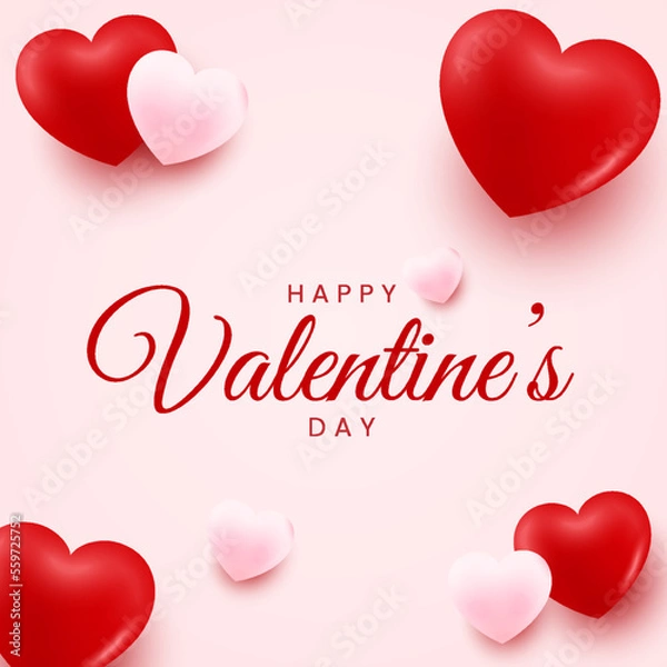 Fototapeta Happy Valentines day background with realistic 3D love heart. Romantic background design. Holiday banner, web poster, flyer, stylish brochure, greeting card, cover. Vector art illustration.