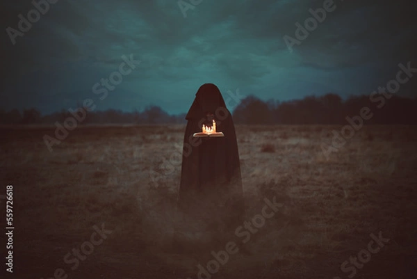 Fototapeta Black wizard with magical book