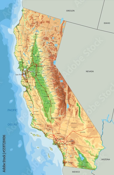 Fototapeta High detailed California physical map with labeling.