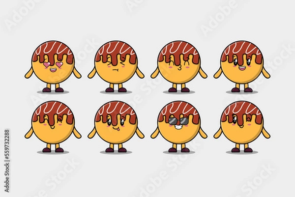 Obraz Set kawaii Takoyaki cartoon character with different expressions cartoon face vector illustrations
