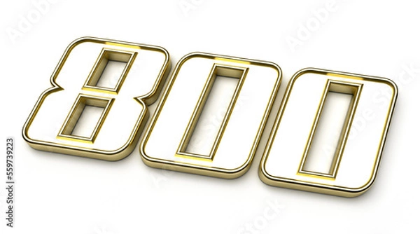 Fototapeta Isolated Number 800 or Eight Hundred in Golden Metallic Shape, 3D Render Illustration.