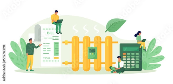 Fototapeta Man monitoring central heating meter, calculating utility bill. Home energy efficiency audit. Reduce costs heating, cooling. Efficiency utilities consumption. Save money on payment for resource usage