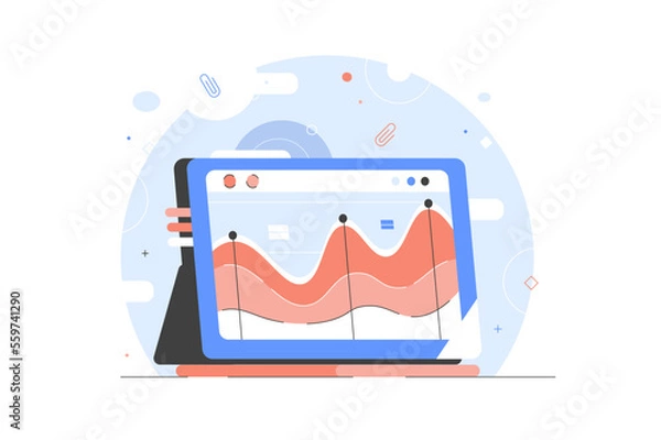 Fototapeta Graphic Report Vector Illustration Financial analytics. Tablet with Stock Graph, chart advertising web banner. Tablet invest. 