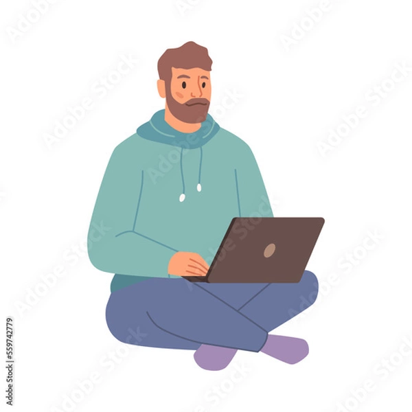 Fototapeta Man sitting and working on laptop isolated flat cartoon character. Vector freelancer or online worker with computer, programmer or developer using notebook, distant worker