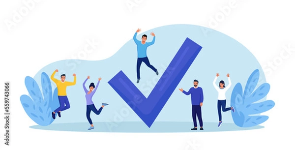 Fototapeta Happy employee people celebrating completed task near big check mark. Goals accomplished. Achieving personal, business goals. Plan fulfilled, mission finished. Successful execution of business tasks