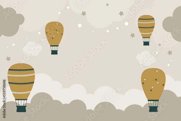 Obraz 
Vector hand drawn background with clouds stars and balloons. Children's background, for wallpaper, poster, textile. Doodle style.