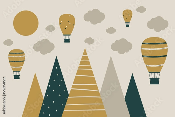 Obraz Vector hand drawn childish wallpaper with mountains, balloons and clouds. Modern 3D wallpaper for the children's room.