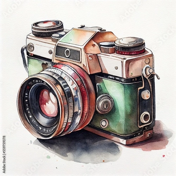Obraz Retro watercolor camera with a vintage feel. Generative ai