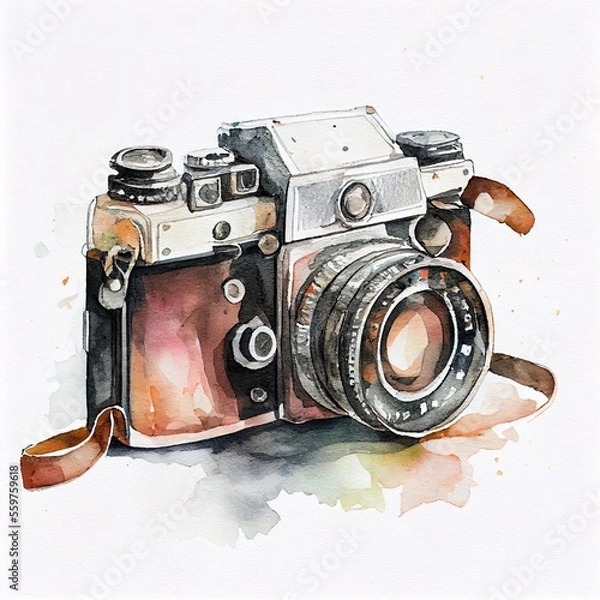 Fototapeta Vintage retro watercolor camera. Perfect for photography logo. Generative AI