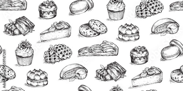 Fototapeta Vector seamless pattern with hand drawn desserts in sketch style