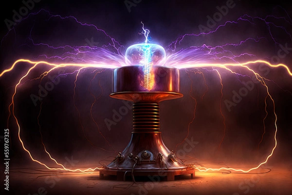 Obraz illustration of a steampunk style tesla coil releasing lightning on a dark background, generative ai