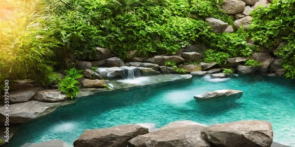 Fototapeta Find peace and tranquility in this image of a wellness spa featuring a natural pool, surrounded by a lush green wall and various green plants. Perfect for promoting relaxation and nature-inspired well