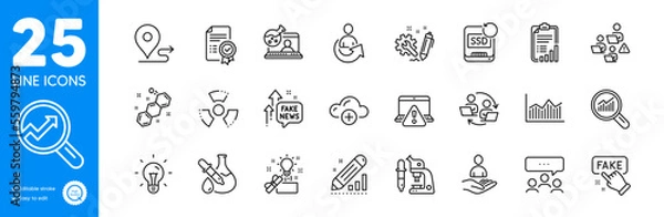 Fototapeta Outline icons set. Chemical hazard, Online warning and Money diagram icons. Microscope, Teamwork, Chemical formula web elements. Journey, Online chemistry, Recovery ssd signs. Vector